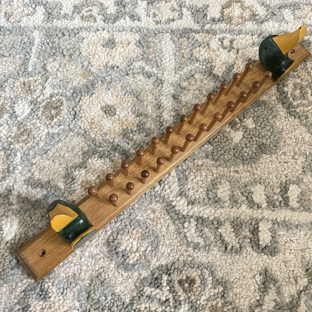 Vtg 50s Drake Mallard Duck Wooden Tie Rack 24 Pegs Handmade Cabin Hunting Rustic